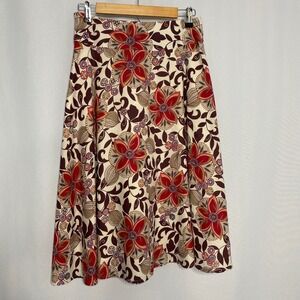 Barrie Pace Silk Linen Floral Midi Skirt Red Burgundy Tan Cream Size 6 USA Made